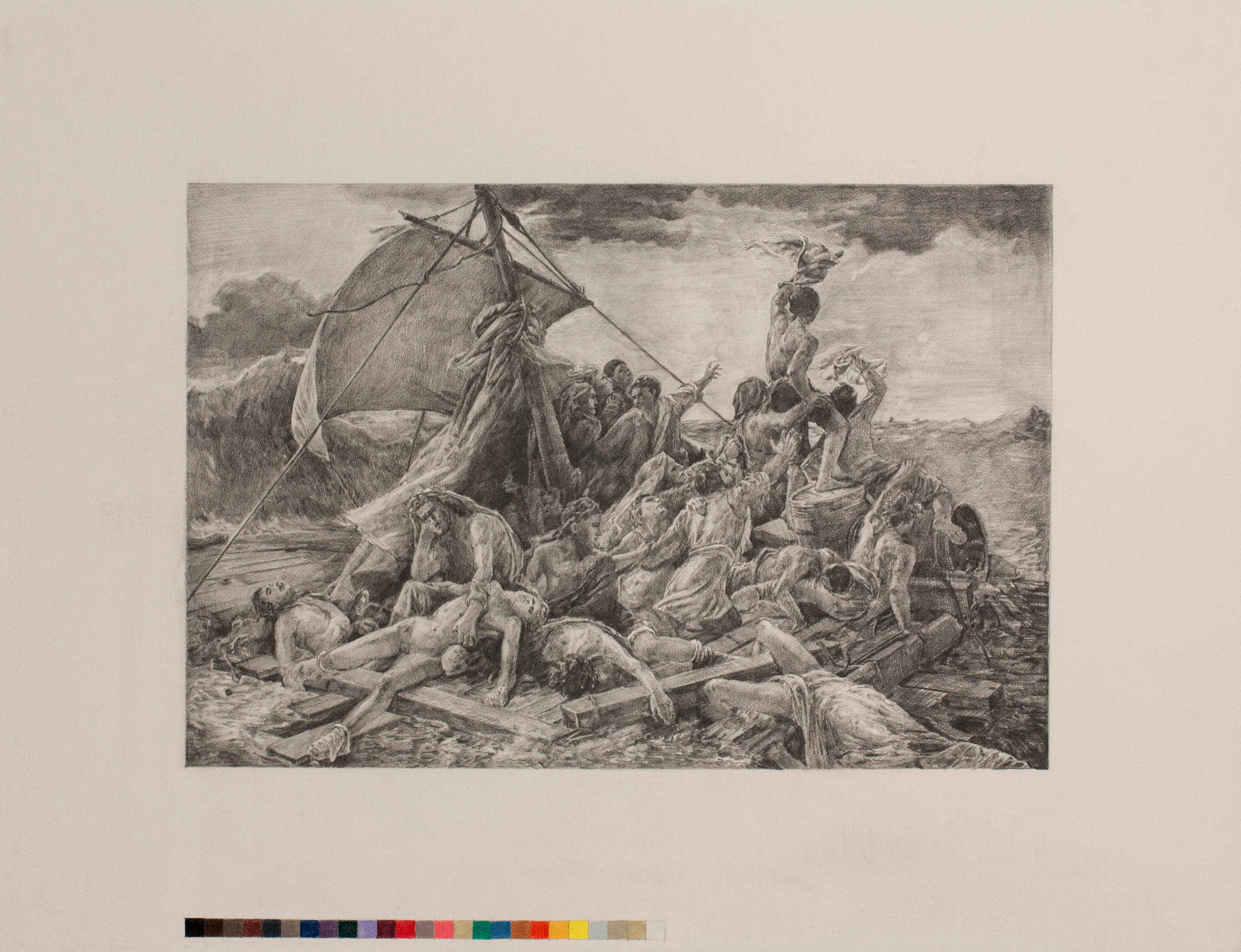 Nestor Kovachev, The Raft of the Medusa after Gericault with color separation, 2019, Pencil and color pencil on Arches, 50 x 65 cm