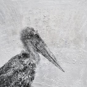 RamonaSchnekenburger, Marabou, 2018, Pencil,Oil color and newspaper print on wooden board, 40x40x4cm, CopyrightRamonaSchnekenburger, CourtesyGalerieHeikeCurtze (1)