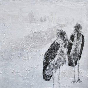 RamonaSchnekenburger, TwoMarabous, 2018, Pencil,Oil color and newspaper print on wooden board, 40x40x4cm, CopyrightRamonaSchnekenburger, CourtesyGalerieHeikeCurtze (5)