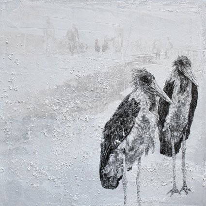 RamonaSchnekenburger, TwoMarabous, 2018, Pencil,Oil color and newspaper print on wooden board, 40x40x4cm, CopyrightRamonaSchnekenburger, CourtesyGalerieHeikeCurtze (5)