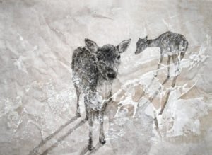 RamonaSchnekenburger, Zwei Rehe, 2018, 25,6x36,3cm, Bleistift und Ölfarbe auf Japanpapier, GalerieHeikeCurtze (4)