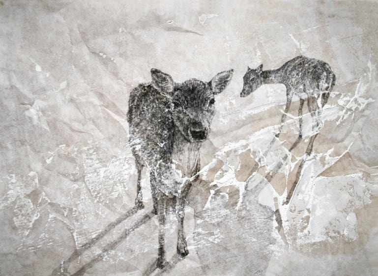 RamonaSchnekenburger, Zwei Rehe, 2018, 25,6x36,3cm, Bleistift und Ölfarbe auf Japanpapier, GalerieHeikeCurtze (4)