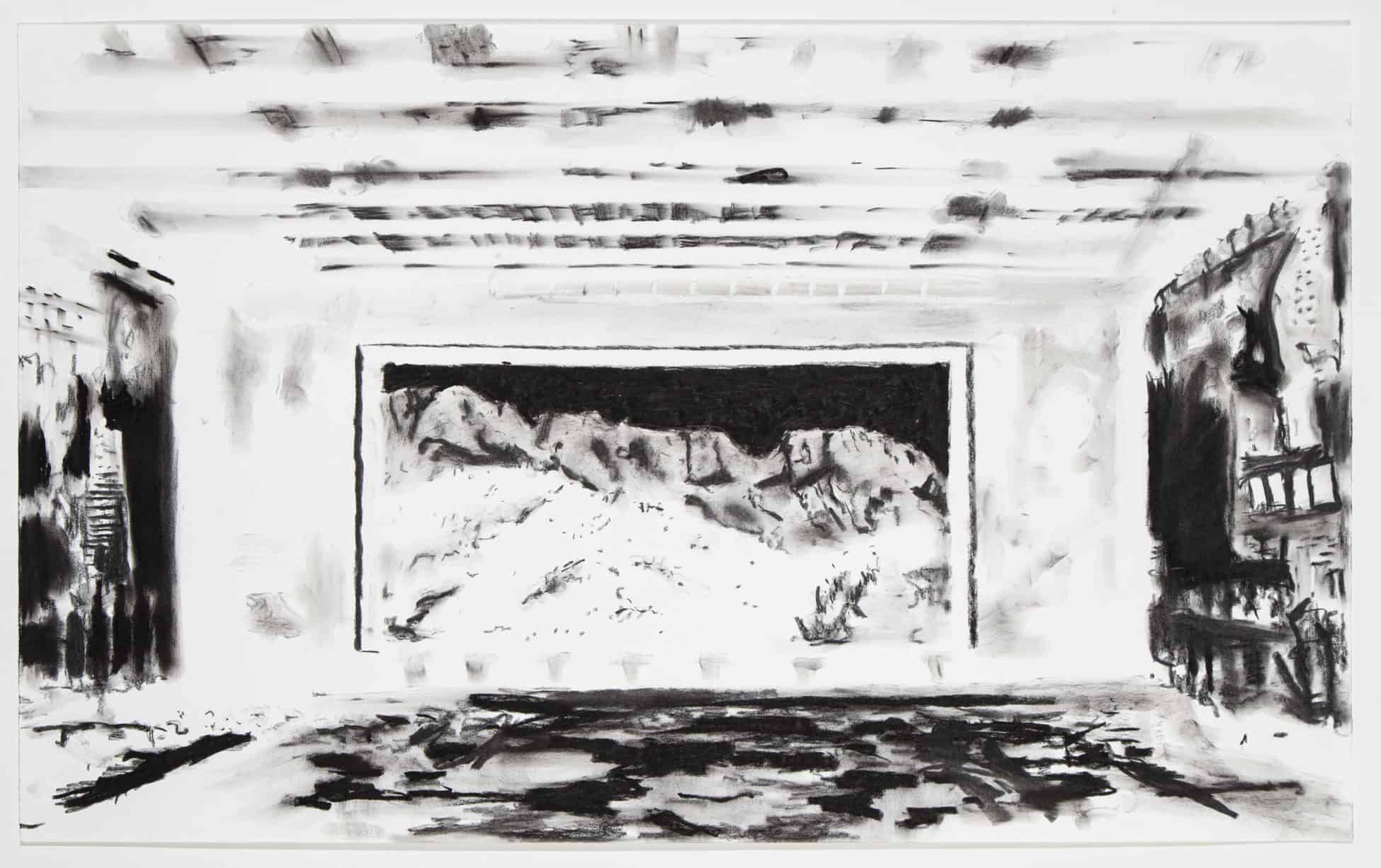 600045: "Ruine negativ", "Ruin Negative", 2019, Charcoal on Paper, 47x76.5 cm