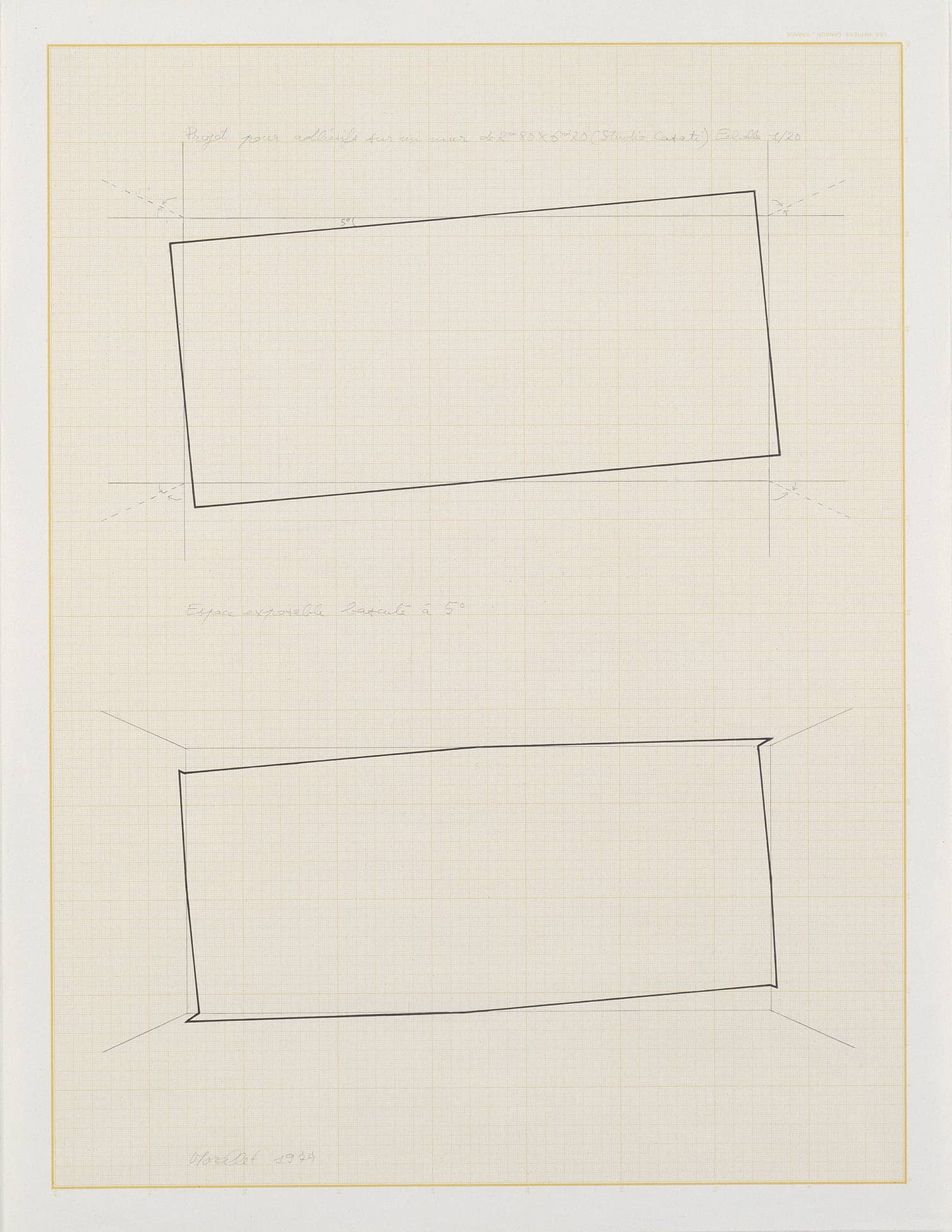 François Morellet, Espace exposable basculé à 5°, 1977, graphite et encre noire sur papier millimétré, 65 x 50 cm. © Collection Frac Picardie