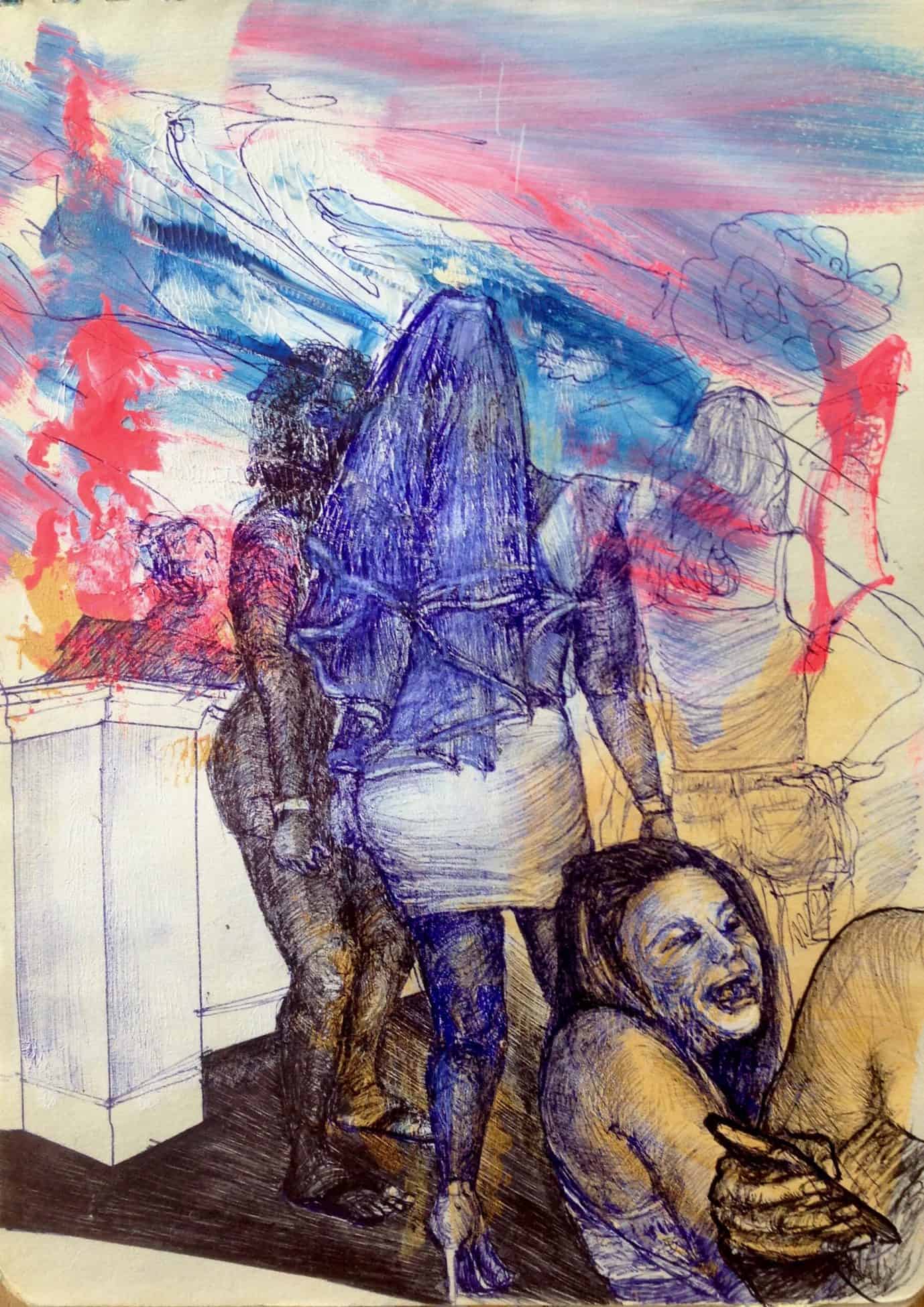 Tereza Lochmann, Dancing Queens 1, 2019, stylo bille et acrylique sur papier, ballpoint pen and acrylic on paper, 21 x 15 cm, courtesy artiste, ©TerezaLochmann