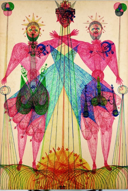 Janko Domsic (1915 - 1983), Sans titre, vers 1970, stylo à bille, crayon de couleur et feutre sur carton, recto verso 110 x 74,5 cm. Dimension avec cadre 136 x 100,5 cm.