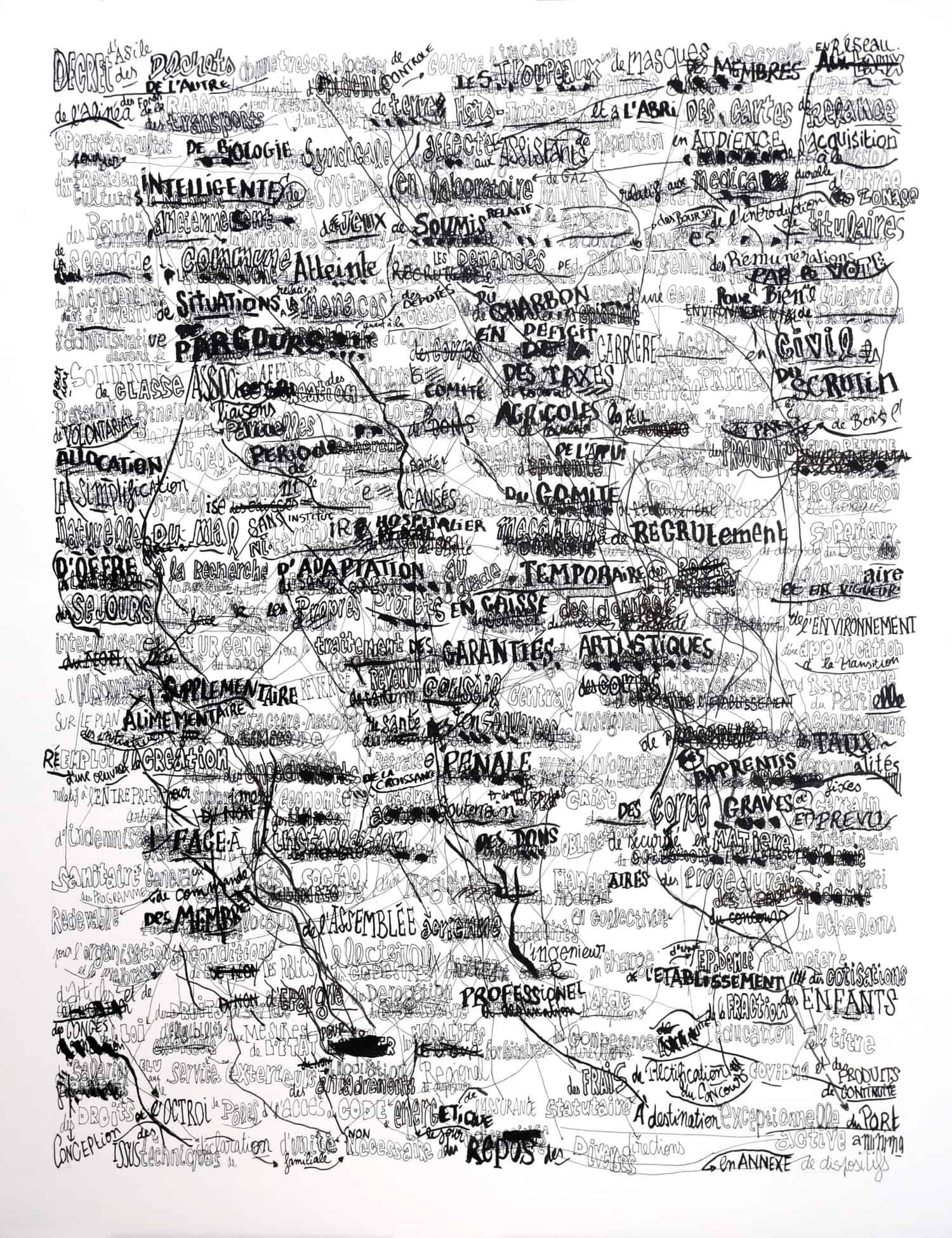 Thibault Scemama de Gialluly, Décret d'asile comme trésor, encre sur papier, 50 x 65 cm, 2021