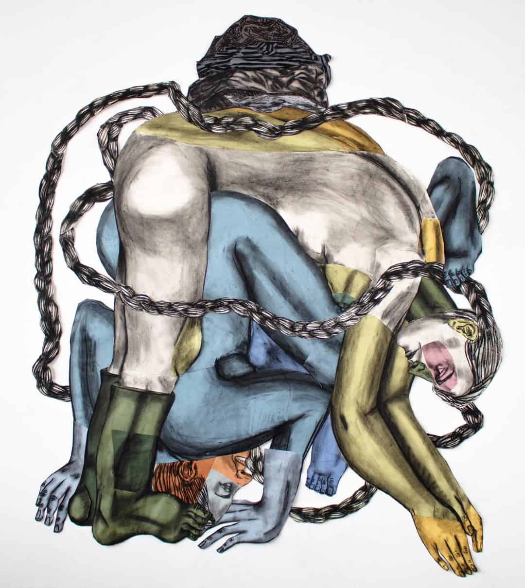 Susanna Inglada, The Fit, 2023. Fusain, acrylique sur papier coloré, collage, 165 x 140 cm © Susanna Inglada et Galerie Maurits van de Laar