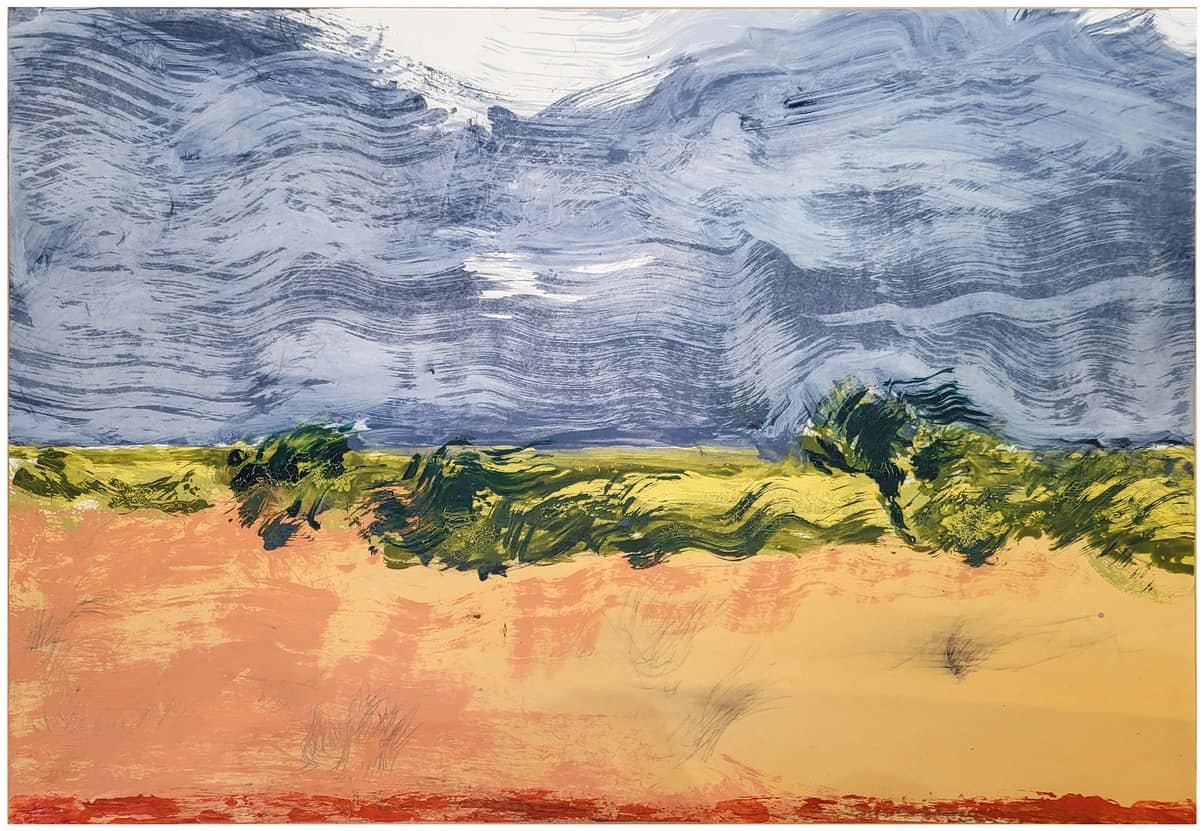 Marine WALLON, Point rouge, ligne jaune XV, 2022, gouache et pastel sur papier, 45 x 65 cm © Courtesy de l’artiste et de la galerie Catherine Issert