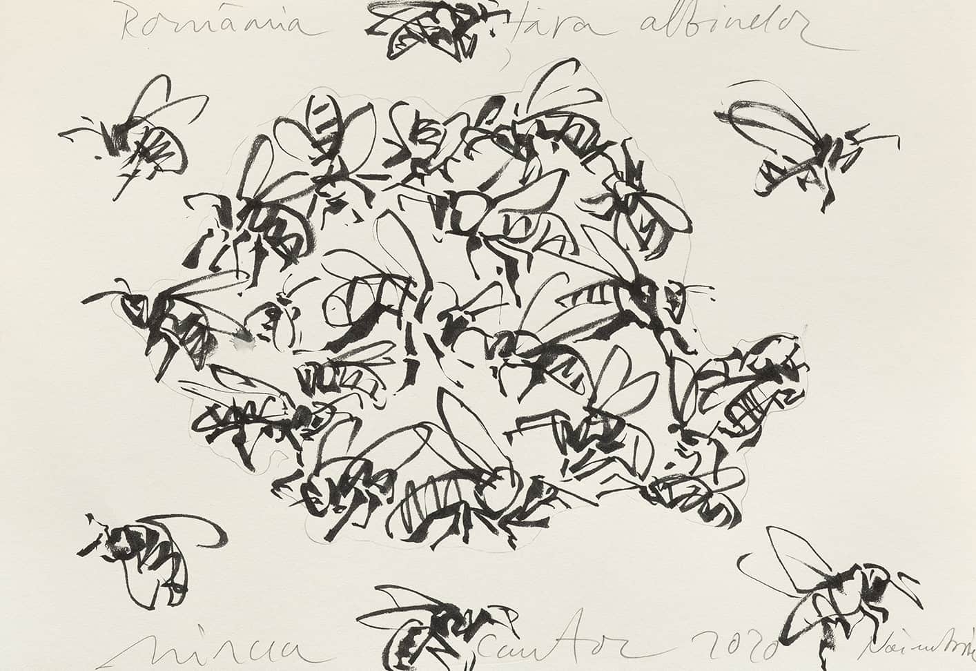 Mircea Cantor, Roumanie, pays des abeilles, 2022, Encre de Chine sur papier, 21 x 29,7 cm © Nicolas Brasseur, Courtesy Mircea Cantor et Dilecta