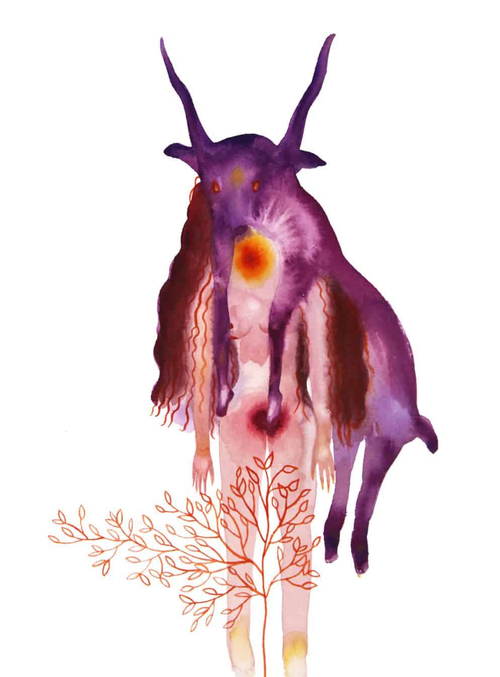 Stella Sujin, La sorcière, 2021, Aquarelle sur papier, 31 x 23 cm © Courtesy de l’artiste et de backslash, Paris